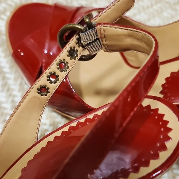 ALDO Y2K Red Real Patent Leather Platform Heels 37 Peeptoe Retro - Picture 11 of 13